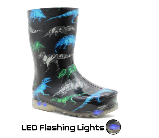 Boys Kids Mid Calf Wellies LED Flashing Dinosaur Waterproof Puddle Rain Youth Wellington Boots
