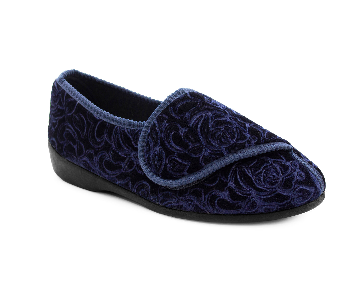 Womens Wide Opening Slippers Navy Velour Touch Fasten Diabetic Orthopaedic Slip On House Shoes Flat Comfort Bedroom Shoes