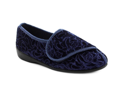 Womens Wide Opening Slippers Navy Velour Touch Fasten Diabetic Orthopaedic Slip On House Shoes Flat Comfort Bedroom Shoes