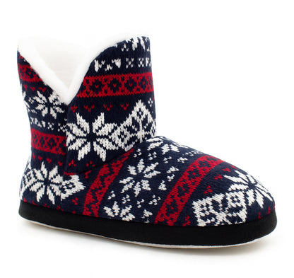 Womens Ankle Boot Slippers Knitted Fair Isle Warm Faux Fur Lined Slip On Cosy Lightweight Snuggle Booties