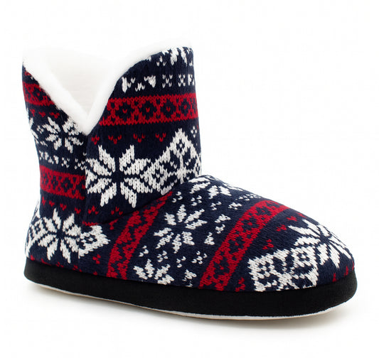 Womens Ankle Boot Slippers Knitted Fair Isle Warm Faux Fur Lined Slip On Cosy Lightweight Snuggle Booties