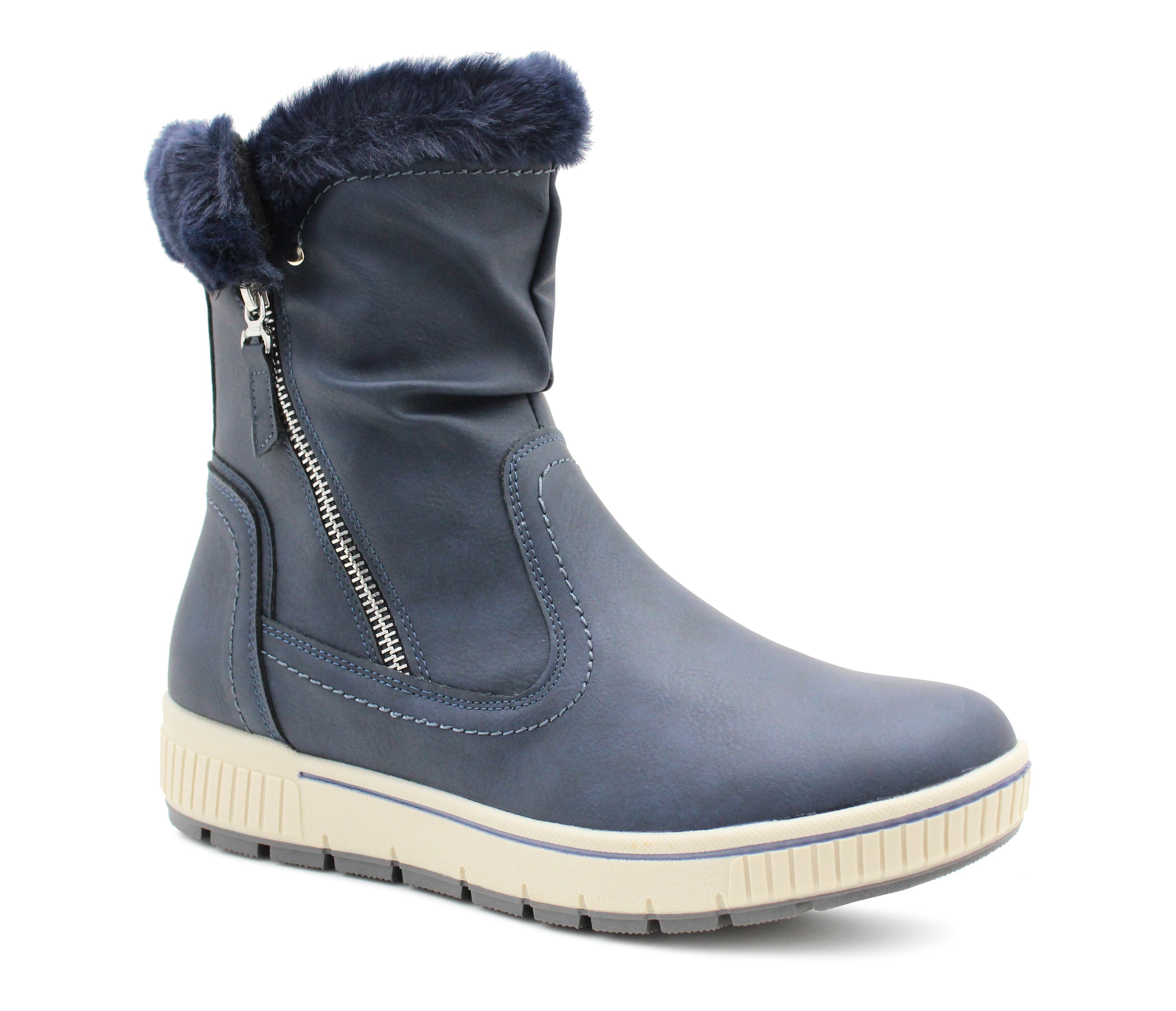 Womens Fur Lined Winter Boots Navy Zip Up Mid Calf Thermal Warm Lining Ladies Snow Boots