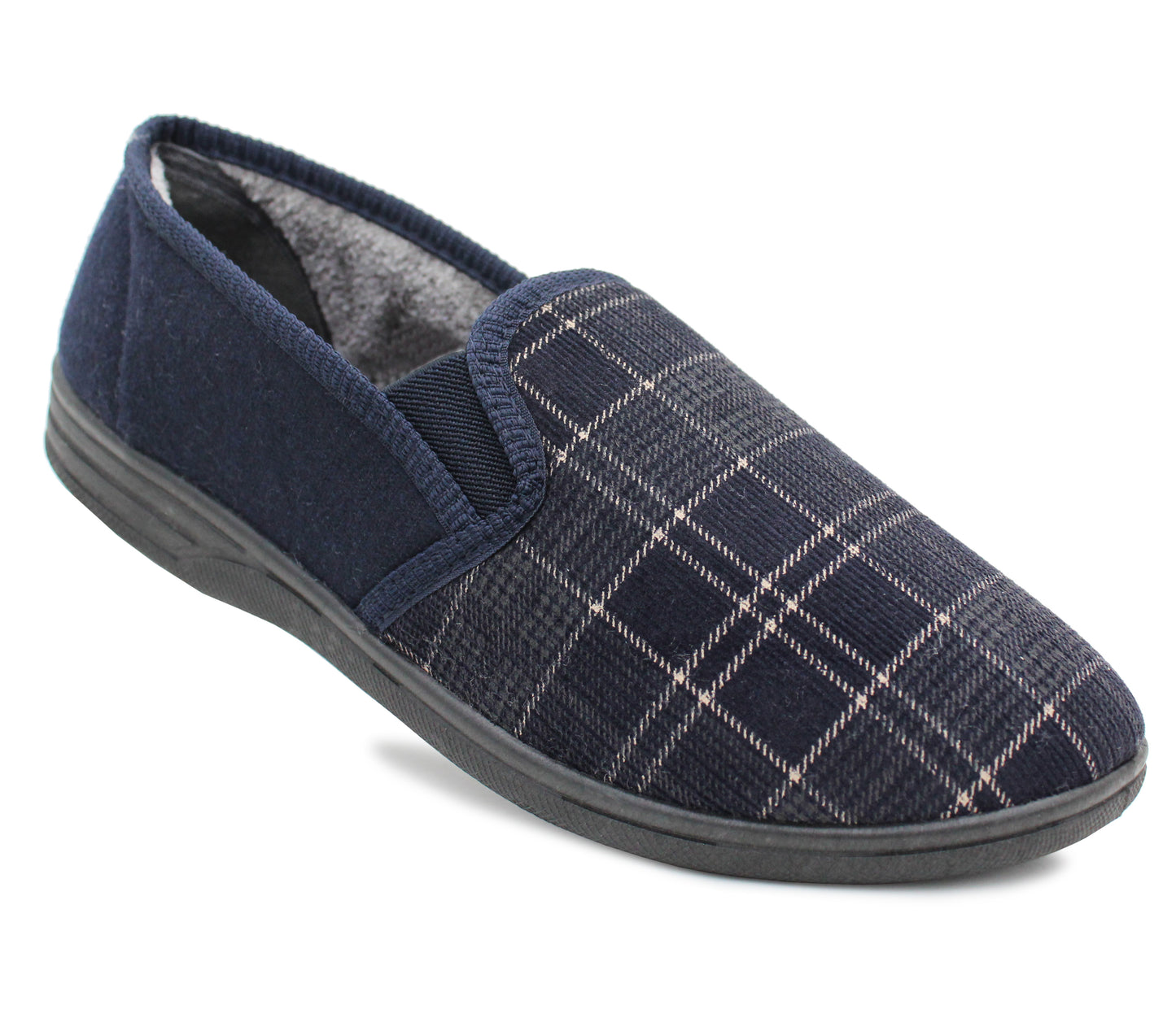 Mens Slip On Navy Check Faux Fur Lined Warm Winter Slippers