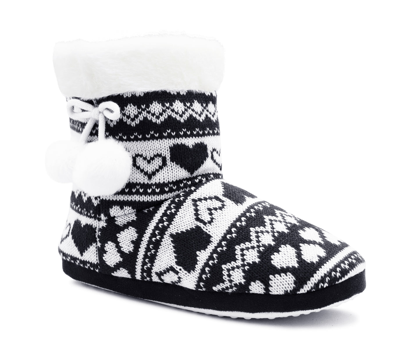 Womens Ankle Boot Slippers Knitted Pom Pom Navy Fair Isle Warm Faux Fur Lined Slip On Cosy Lightweight Snuggle Booties