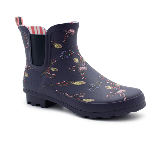 Womens Navy Floral Wellington Low Cut Wellies Short Ankle Wellington Boots