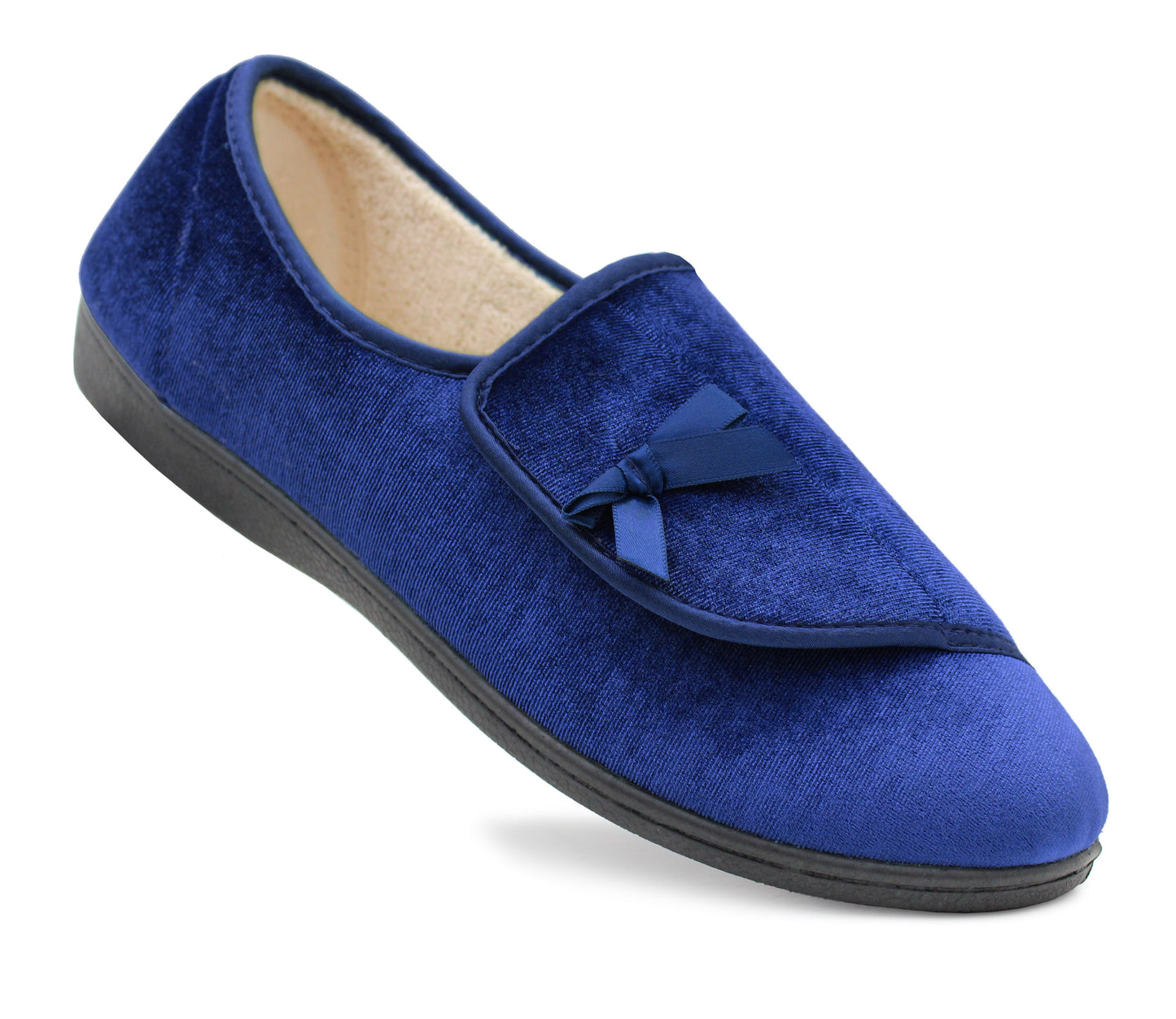 Womens Velour Faux Fur Lined Ladies Winter Wide Opening Diabetic Orthopaedic Navy Slippers