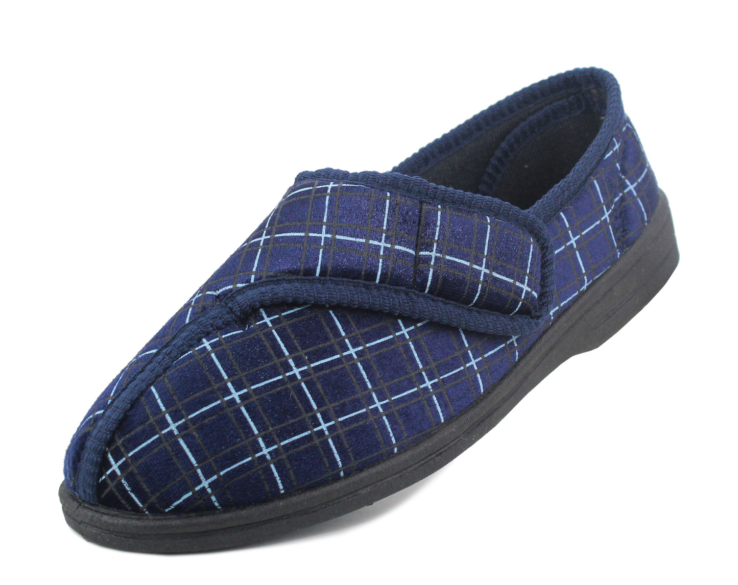 Mens Wide Opening Diabetic Orthopaedic Machine Washable Check Velour Touch Fasten Slippers SIZE UK 12