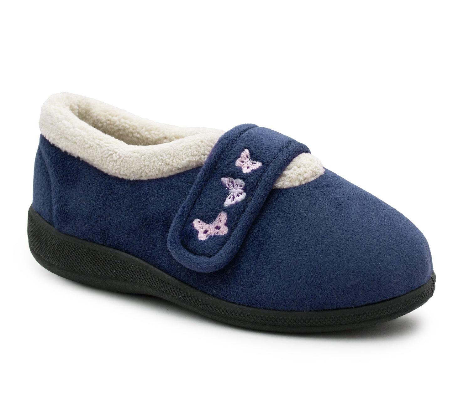 Womens Fleece Lined Navy Slippers Warm Wide Opening Touch Fasten Strap Winter Indoor Cosy Ladies Casual Flat House Shoes