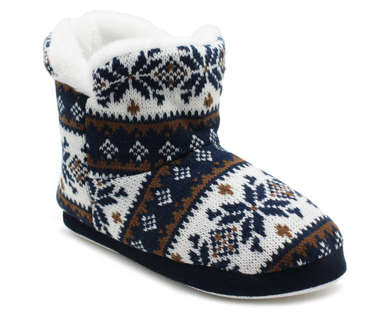 Womens Ankle Boot Slippers Knitted Navy Fair Isle Warm Faux Fur Lined Slip On Cosy Lightweight Snuggle Booties