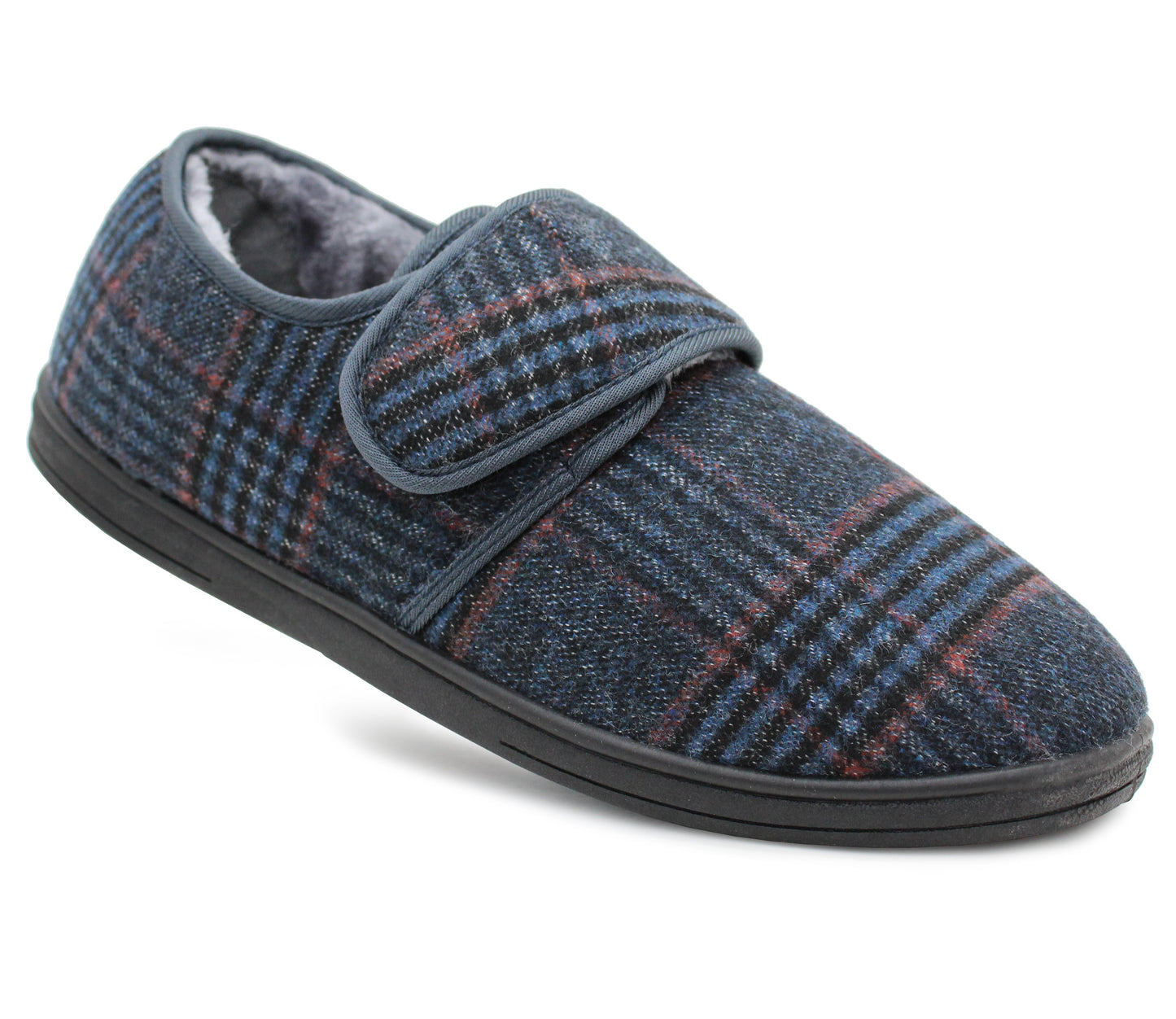 Mens Navy Check Felt Faux Fur Lined Thermal Wide Opening Touch Fasten Slippers