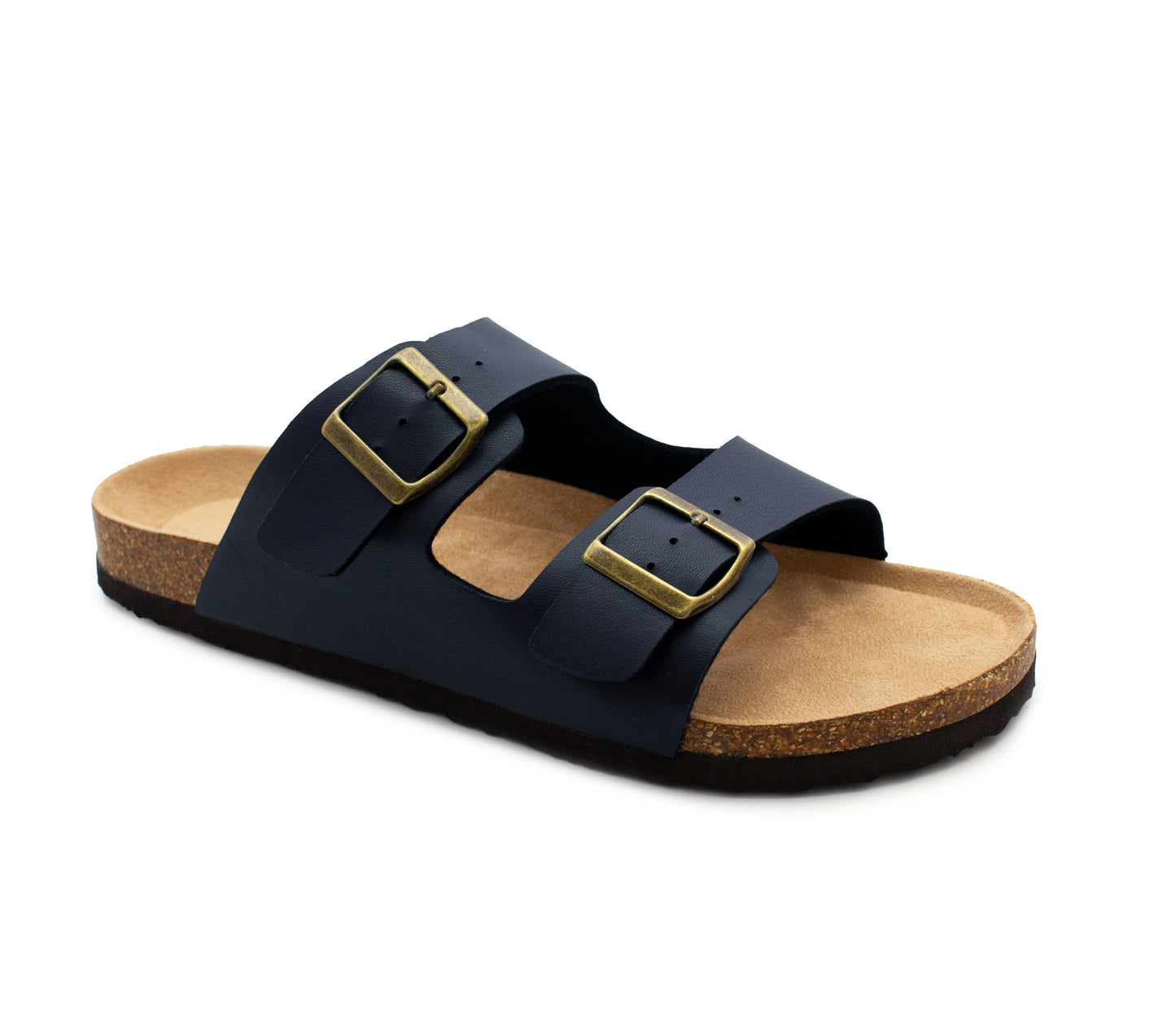 Mens Sandals Cork Footbed Navy Faux Leather 2 Adjustable Straps Beach Fashion Slides Summer Slip On Backless Smart Casual Fashion Sandal