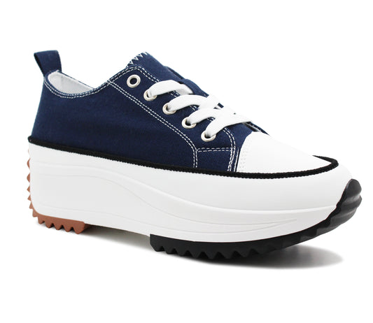 Womens Chunky Platform Sole Navy Canvas Trainers Ladies Lace Up Retro Fashion Sneakers Pumps