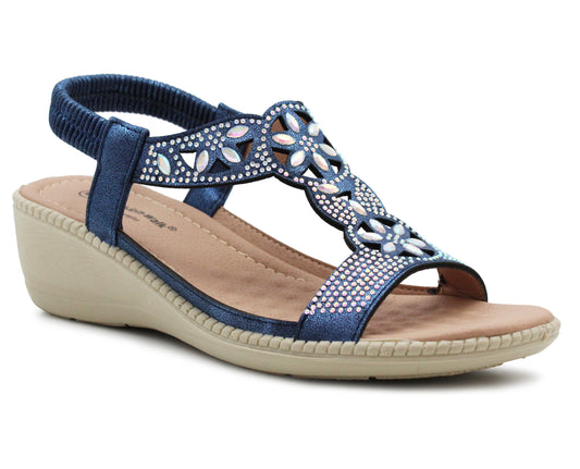 Womens Slingback Sandals Slip On Elastic Stretch Ladies Wedge Heel Navy Blue Diamante Summer Sandals