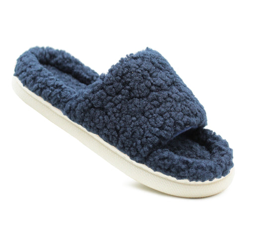 Womens Slip On Navy Fleece Sliders Warm Cosy Indoor House Shoes Backless Mule Slippers