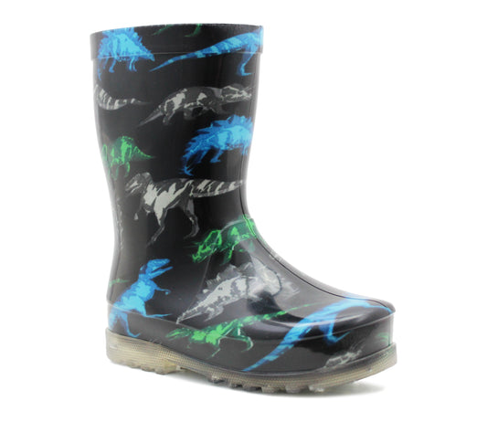 Boys Kids Mid Calf Wellies LED Flashing Dinosaur Waterproof Puddle Rain Youth Wellington Boots