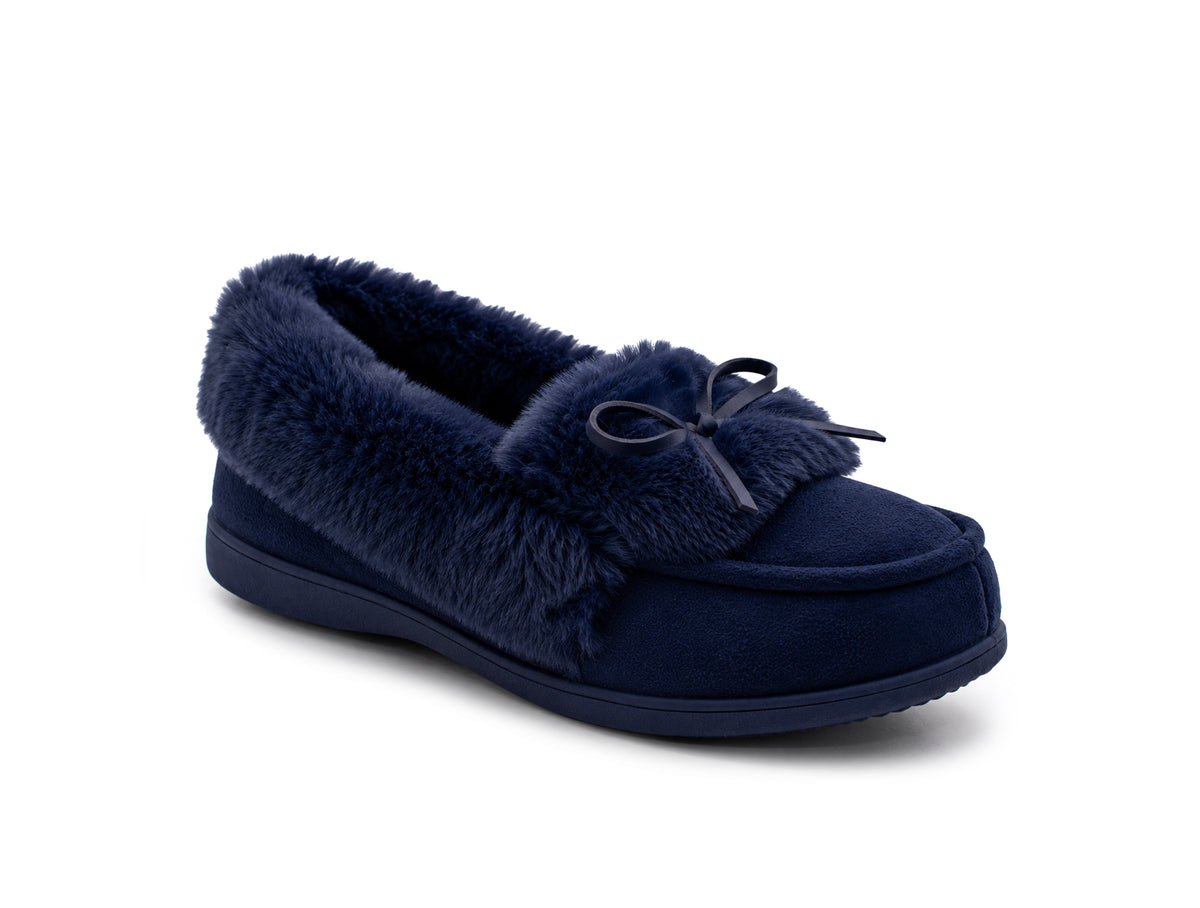 Womens Memory Foam Moccasin Slippers Faux Fur Trim Warm Slip On Ladies Winter House Shoes