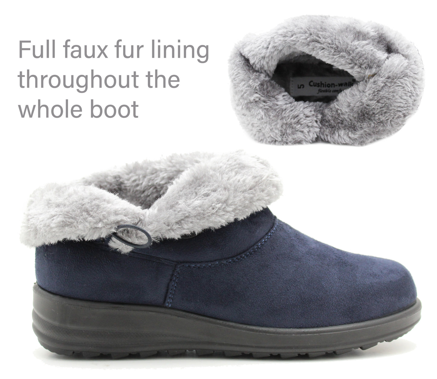 Cushion Walk Womens Faux Fur Lined Boots Ladies Warm Ankle High Slip On Low Wedge Snug Winter Boots