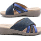 Womens Slip On Sandals Low Wedge Open Toe Summer Fashion Beach Slides Flip Flops Backless Mules Navy Blue