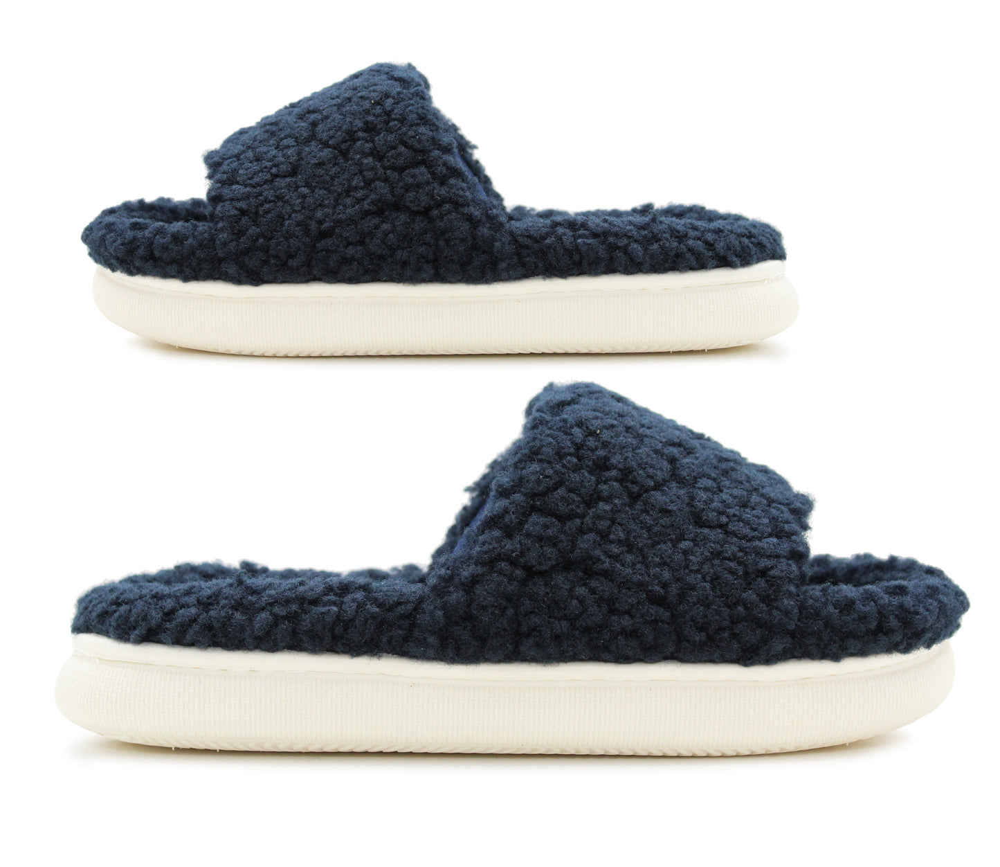 Womens Slip On Navy Fleece Sliders Warm Cosy Indoor House Shoes Backless Mule Slippers