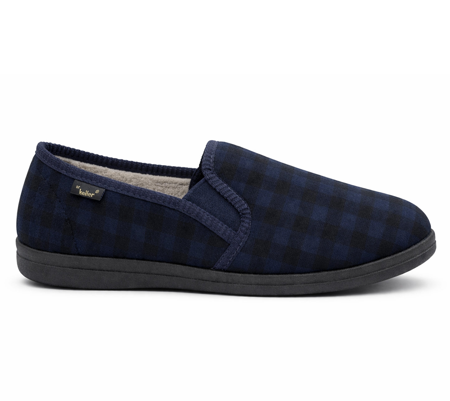 Mens Slippers Check Faux Fur Lined Thermal Slip On Elastic Stretch Gusset House Shoes Navy