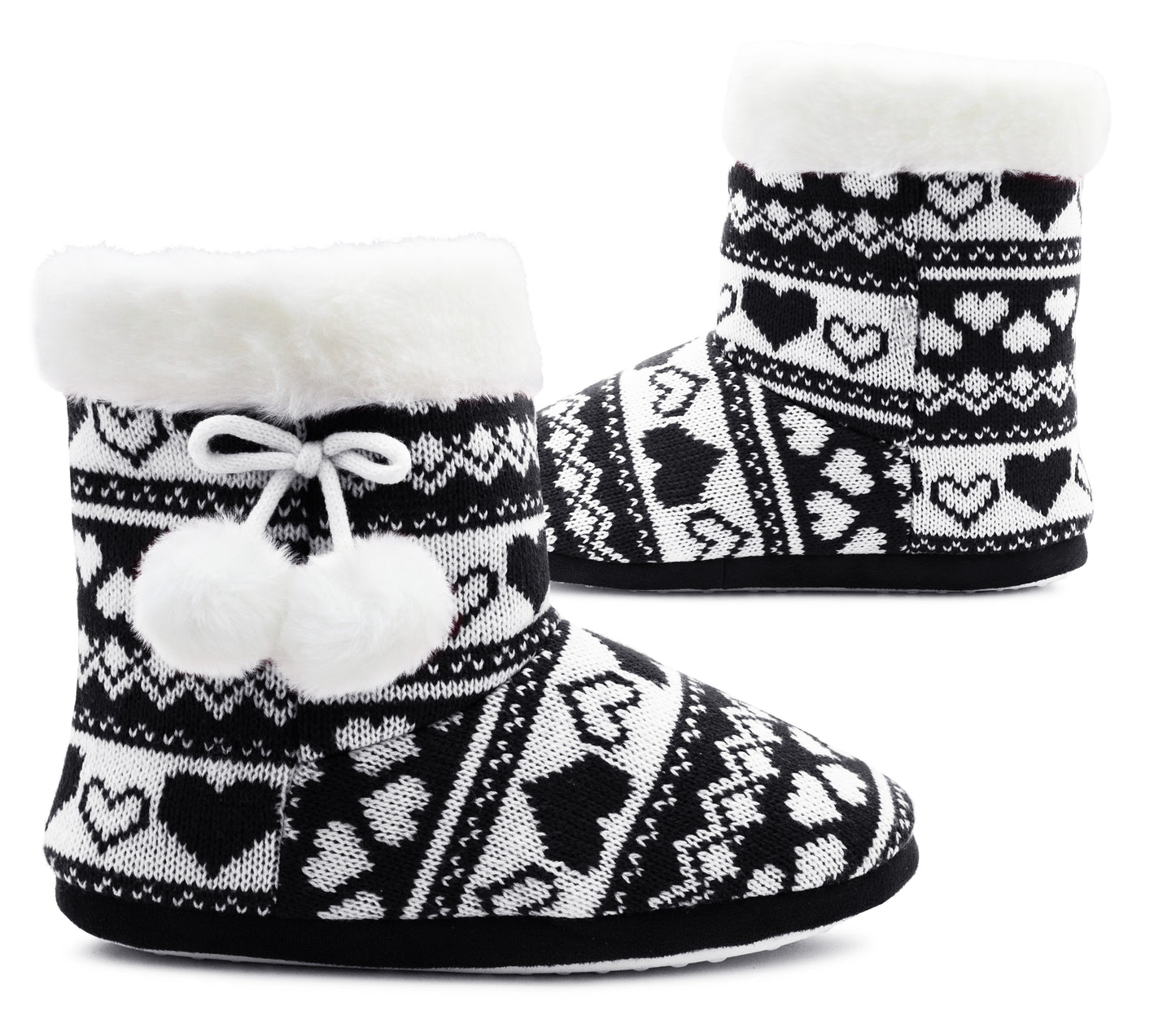 Womens Ankle Boot Slippers Knitted Pom Pom Navy Fair Isle Warm Faux Fur Lined Slip On Cosy Lightweight Snuggle Booties