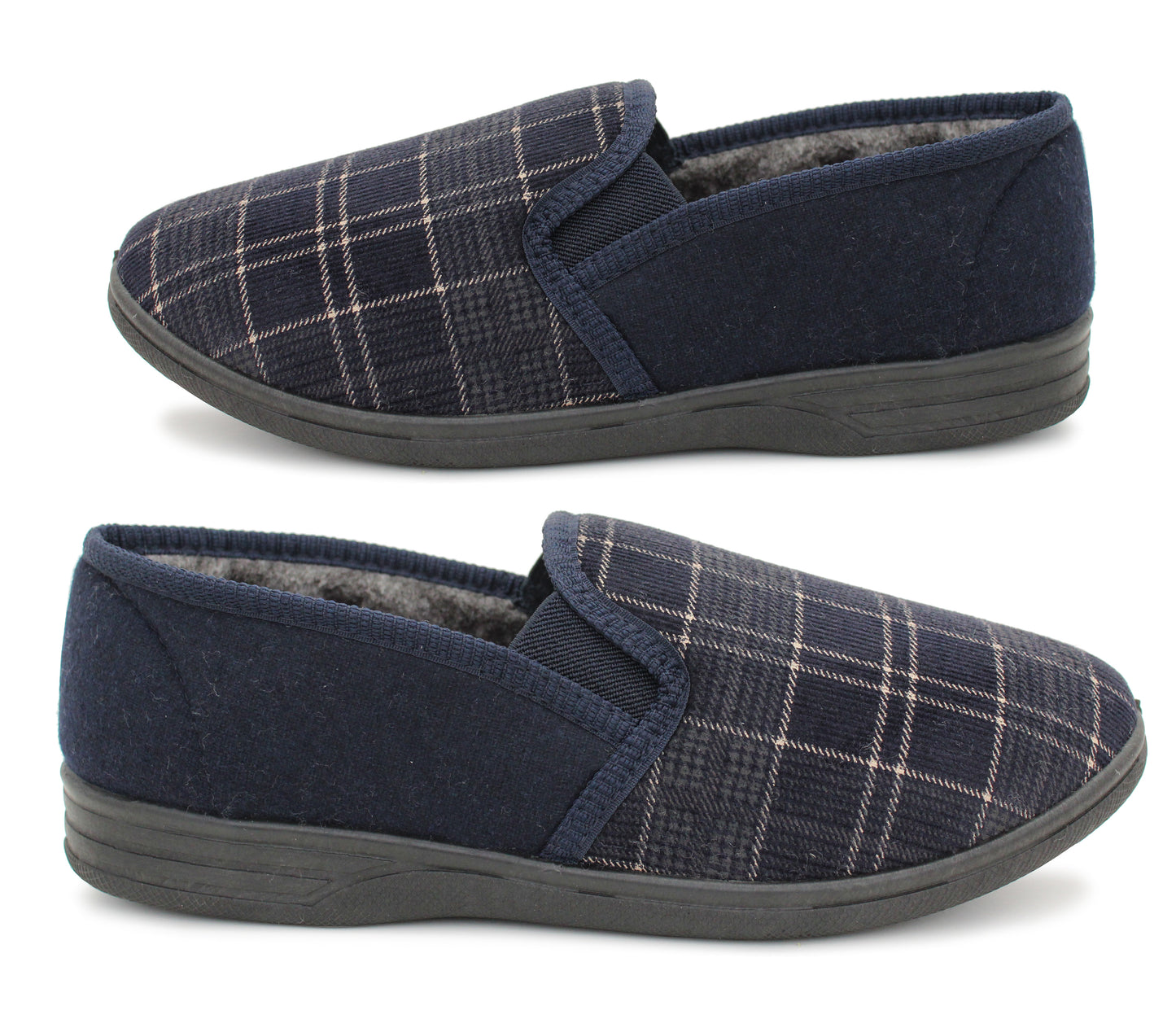 Mens Slip On Navy Check Faux Fur Lined Warm Winter Slippers