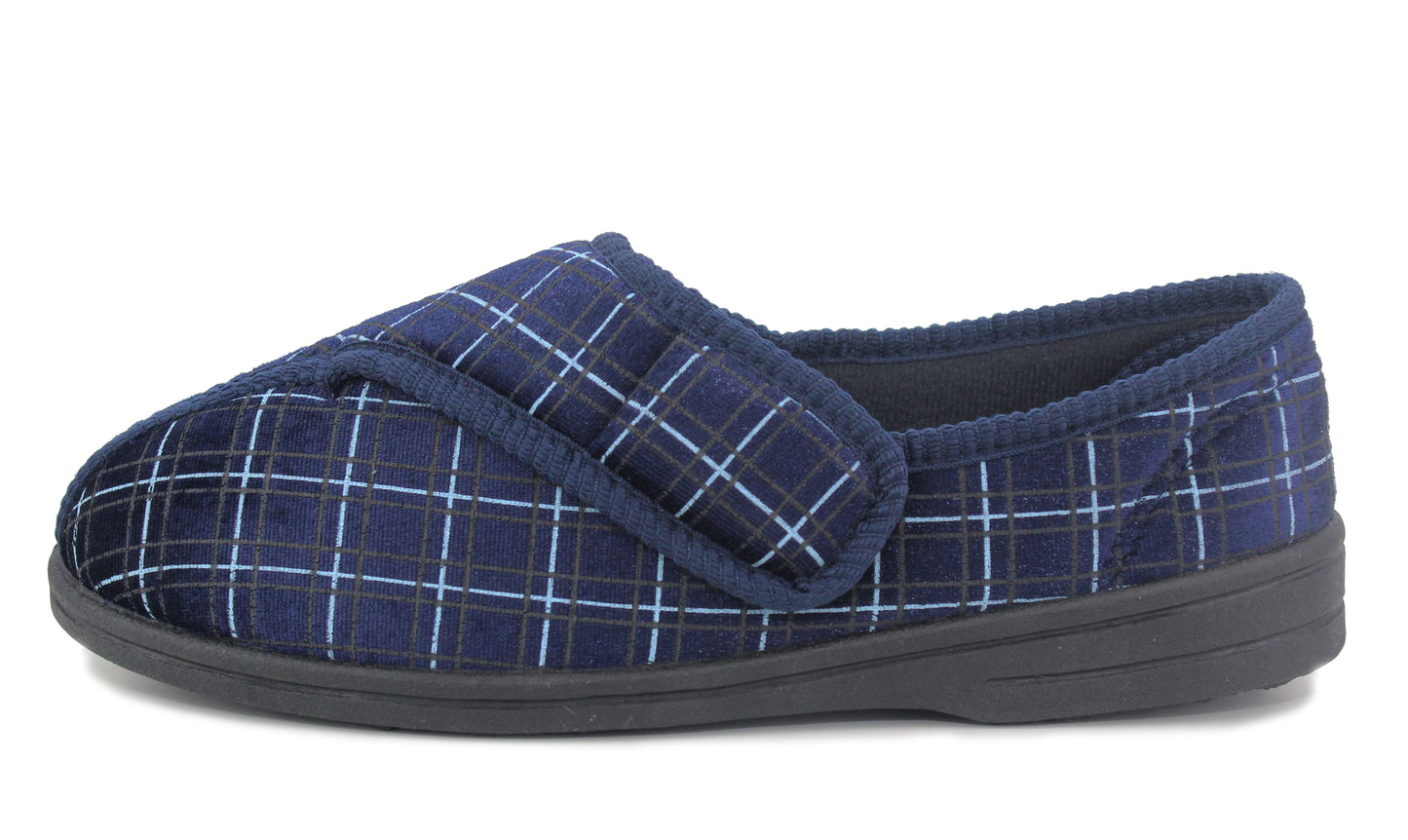 Mens Wide Opening Diabetic Orthopaedic Machine Washable Check Velour Touch Fasten Slippers SIZE UK 12