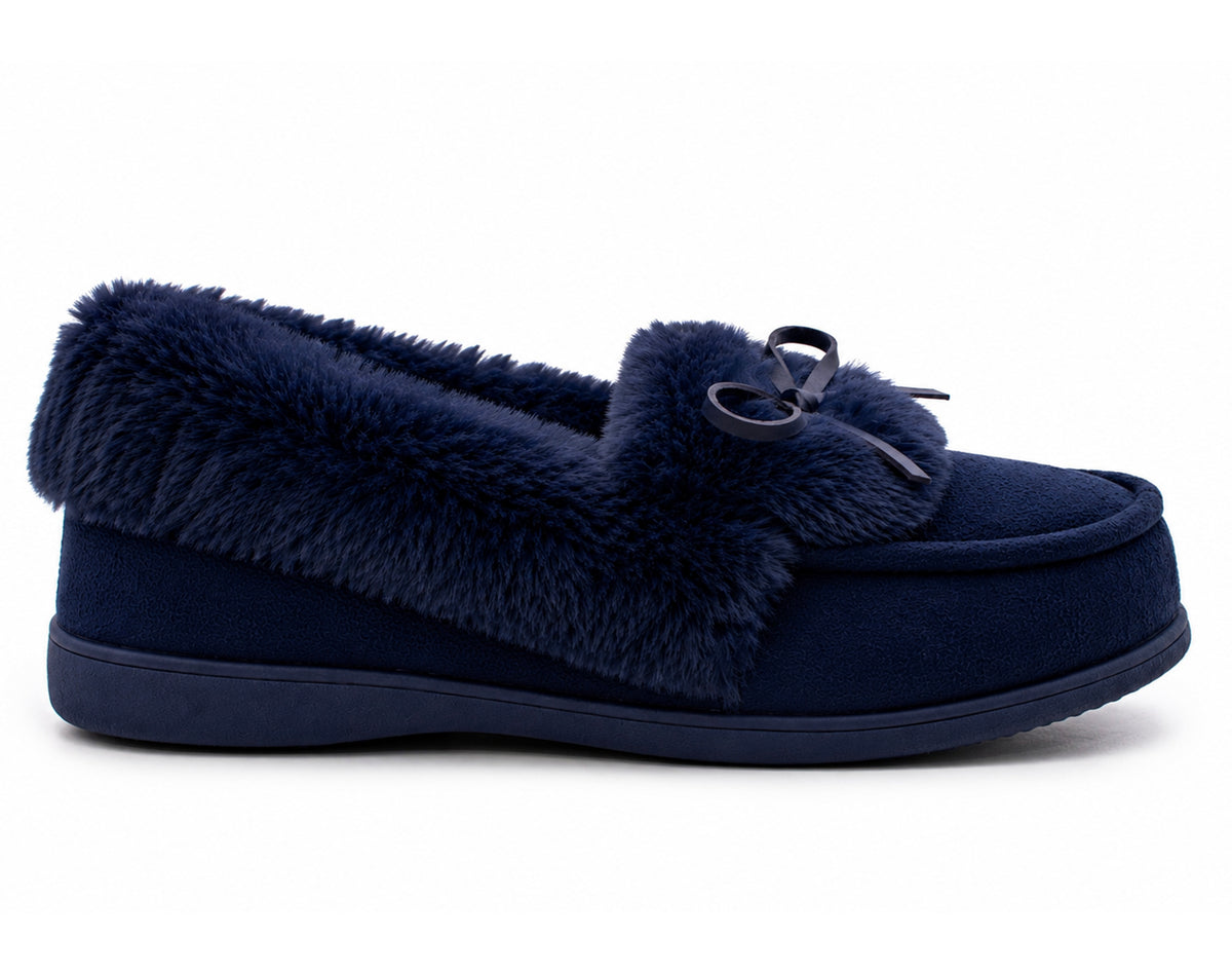 Womens Memory Foam Moccasin Slippers Faux Fur Trim Warm Slip On Ladies Winter House Shoes