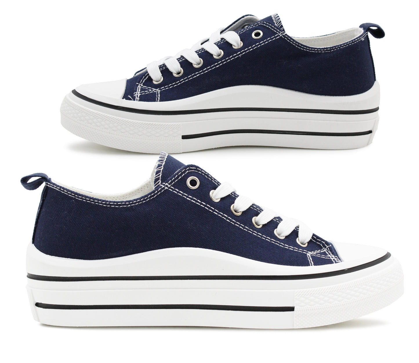 Womens Lace Up Platform Sole Navy Canvas Baseball Sneakers Ladies Chunky Retro Flat Low Top Fashion Trainers Pumps