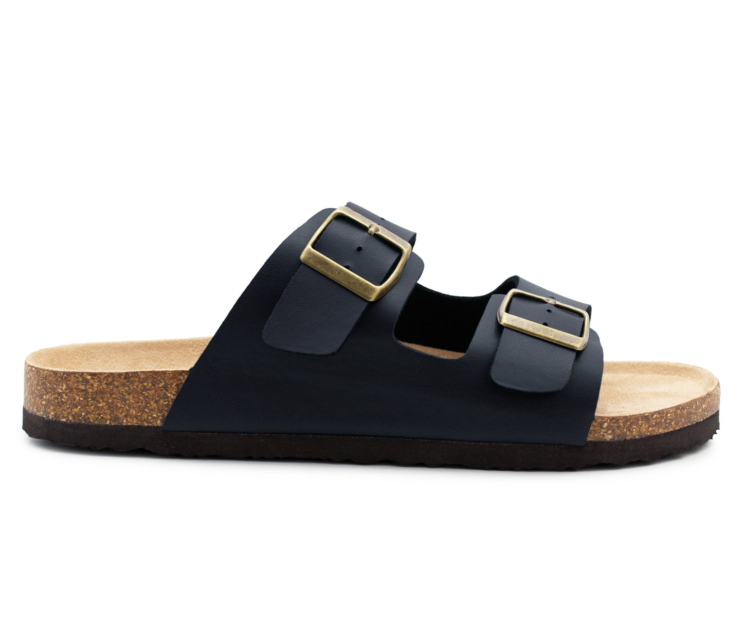 Mens Sandals Cork Footbed Navy Faux Leather 2 Adjustable Straps Beach Fashion Slides Summer Slip On Backless Smart Casual Fashion Sandal