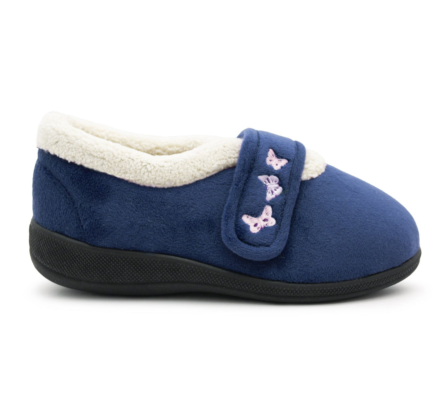 Womens Fleece Lined Navy Slippers Warm Wide Opening Touch Fasten Strap Winter Indoor Cosy Ladies Casual Flat House Shoes
