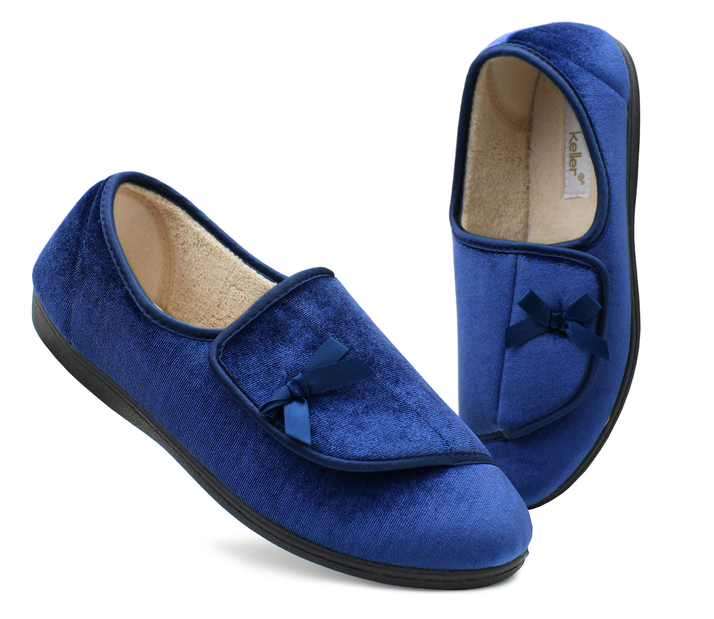 Womens Velour Faux Fur Lined Ladies Winter Wide Opening Diabetic Orthopaedic Navy Slippers