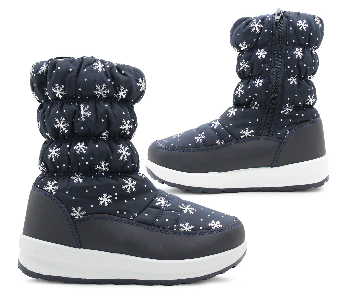 Girls Navy Blue Winter Snow Boots Kids Thermal Quilted Faux Fur Lined Zip Up Mid Calf Ankle Booties