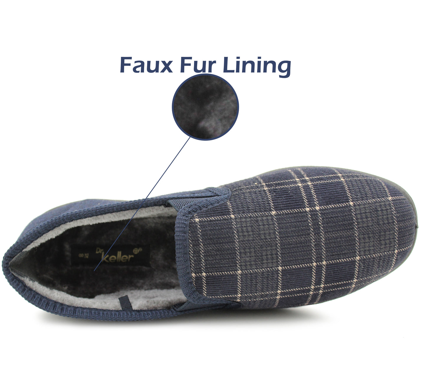 Mens Slip On Navy Check Faux Fur Lined Warm Winter Slippers