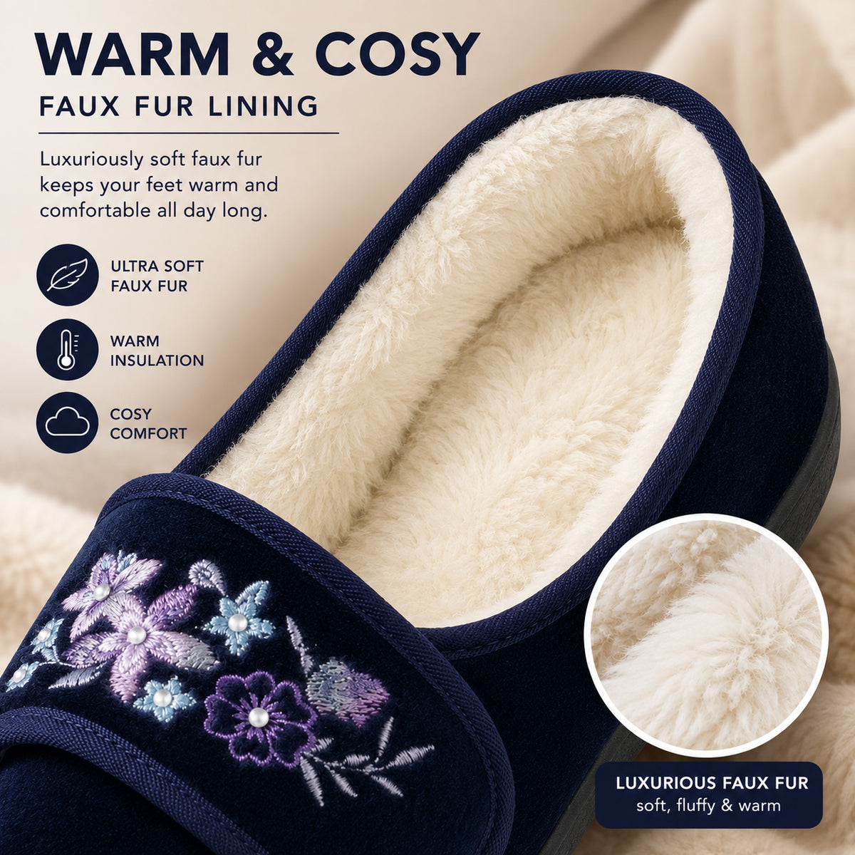 Womens Velour Slippers Faux Fur Lined Ladies Winter Wide Opening Diabetic Orthopaedic House Shoes