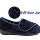 Womens Wide Opening Slippers Navy Velour Touch Fasten Diabetic Orthopaedic Slip On House Shoes Flat Comfort Bedroom Shoes