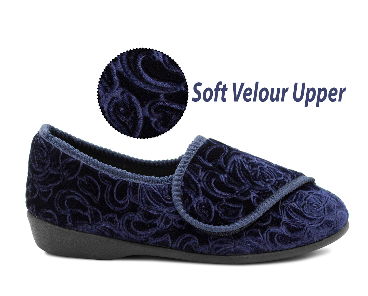 Womens Wide Opening Slippers Navy Velour Touch Fasten Diabetic Orthopaedic Slip On House Shoes Flat Comfort Bedroom Shoes