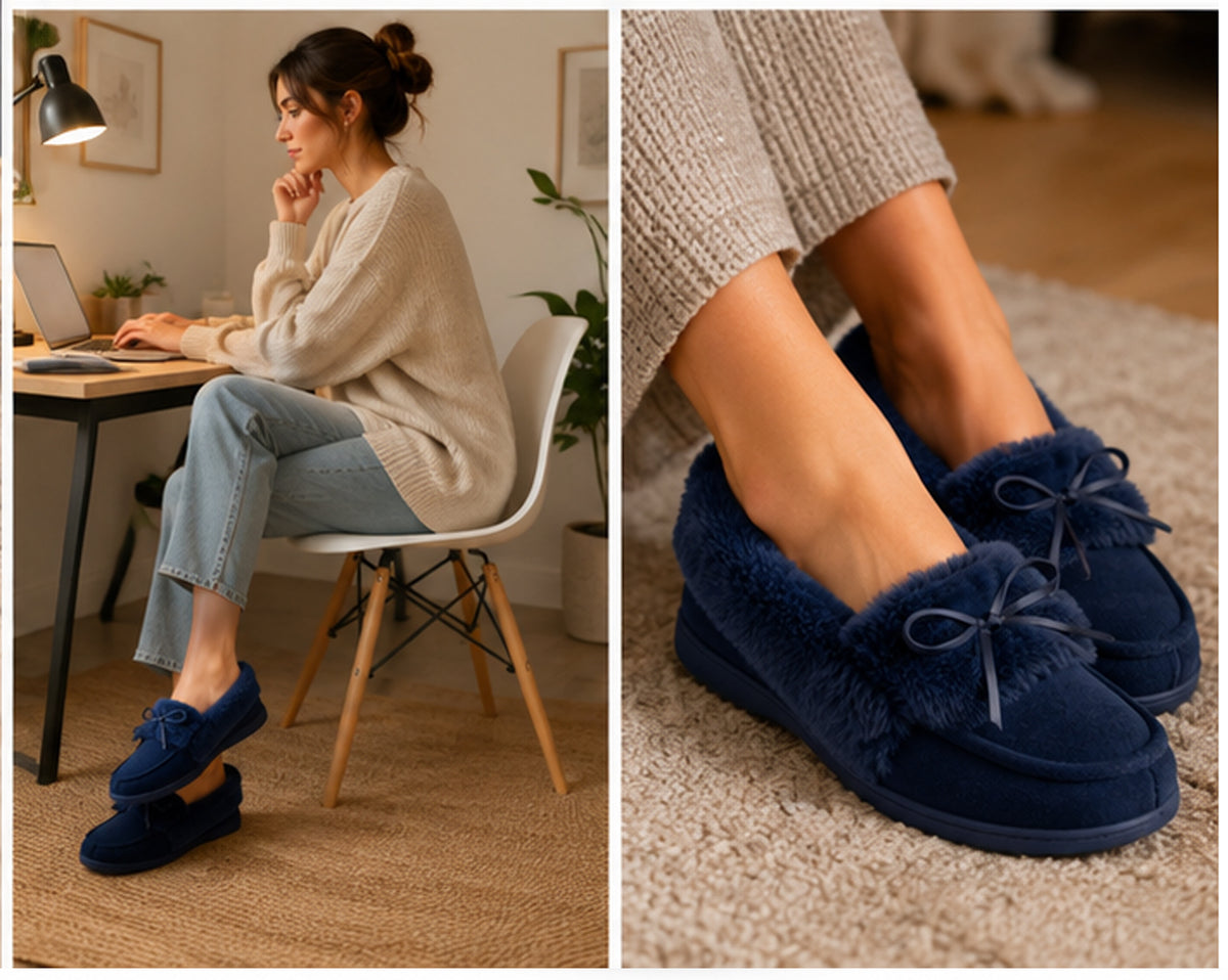 Womens Memory Foam Moccasin Slippers Faux Fur Trim Warm Slip On Ladies Winter House Shoes