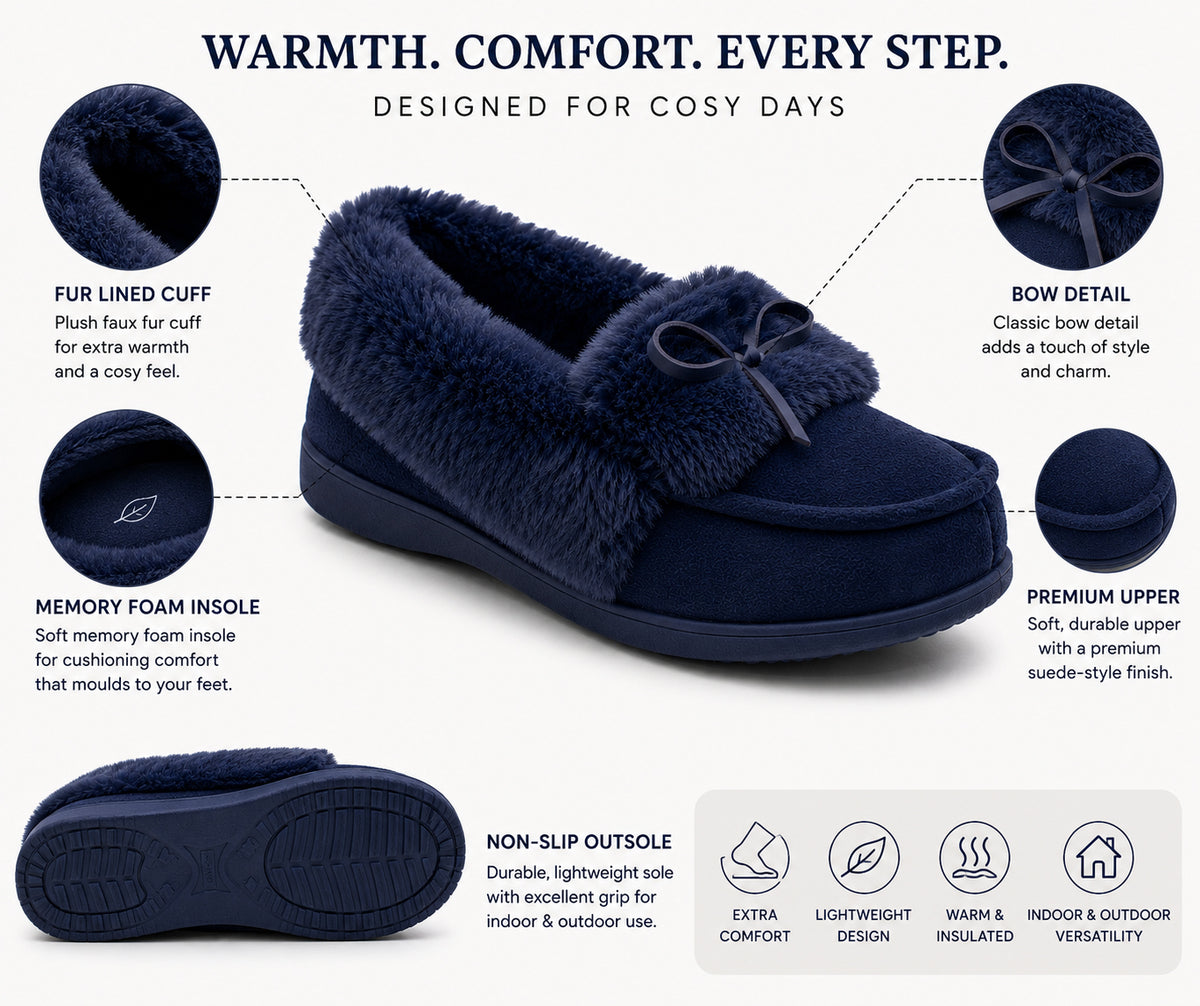 Womens Memory Foam Moccasin Slippers Faux Fur Trim Warm Slip On Ladies Winter House Shoes