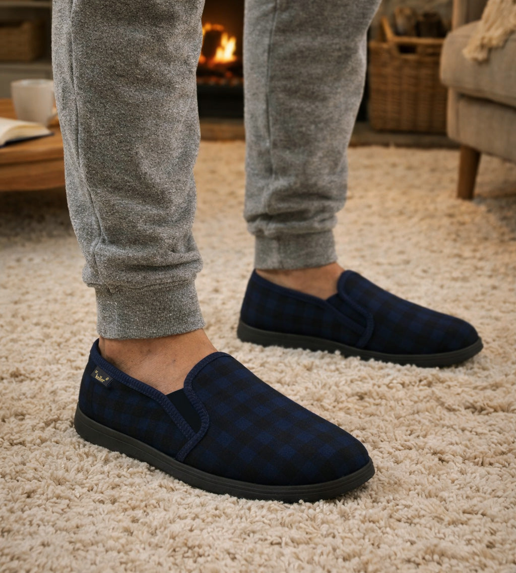 Mens Slippers Check Faux Fur Lined Thermal Slip On Elastic Stretch Gusset House Shoes Navy