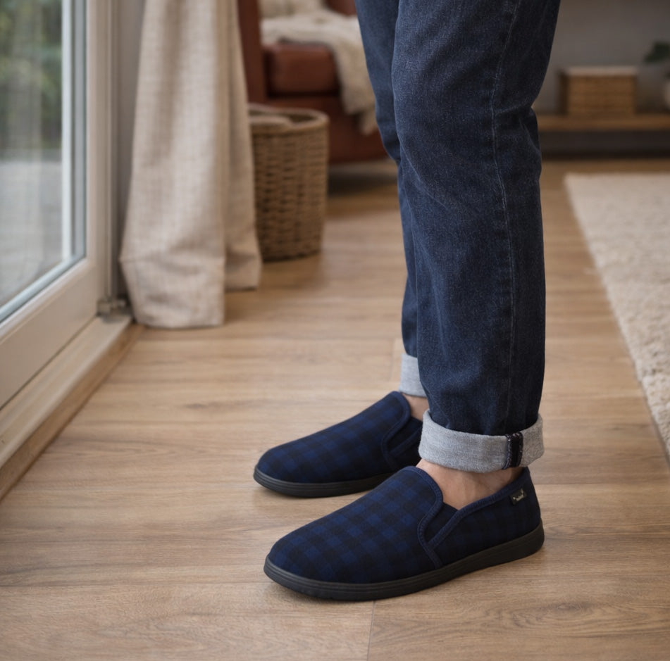 Mens Slippers Check Faux Fur Lined Thermal Slip On Elastic Stretch Gusset House Shoes Navy