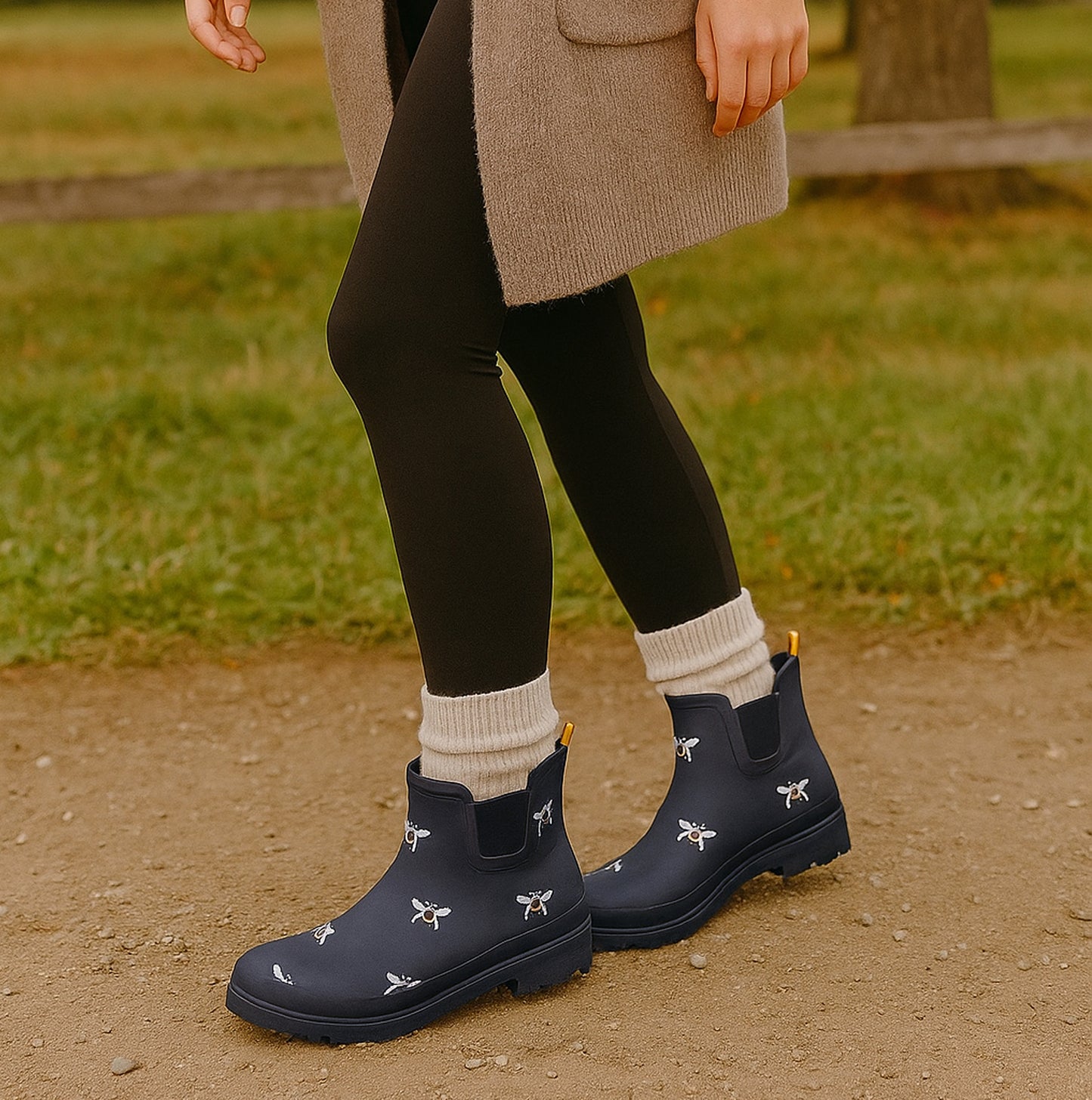 Womens Honey BEE Waterproof Ankle Boots Wellingtons Ladies Slip On Short Chelsea Rain Boots Festival Gardening Wellie Boots