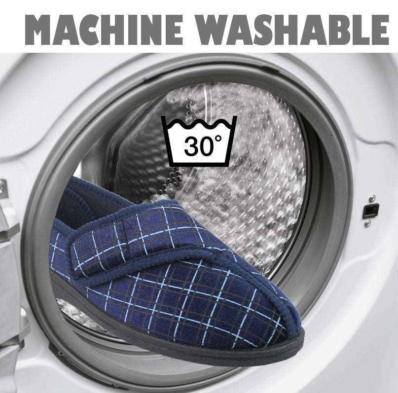 Mens Wide Opening Diabetic Orthopaedic Machine Washable Check Velour Touch Fasten Slippers SIZE UK 12