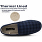 Mens Slippers Check Faux Fur Lined Thermal Slip On Elastic Stretch Gusset House Shoes Navy
