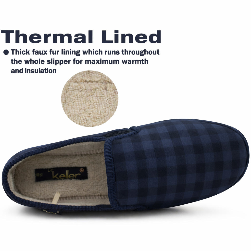 Mens Slippers Check Faux Fur Lined Thermal Slip On Elastic Stretch Gusset House Shoes Navy