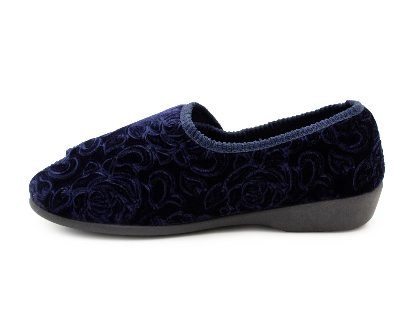 Womens Wide Opening Slippers Navy Velour Touch Fasten Diabetic Orthopaedic Slip On House Shoes Flat Comfort Bedroom Shoes