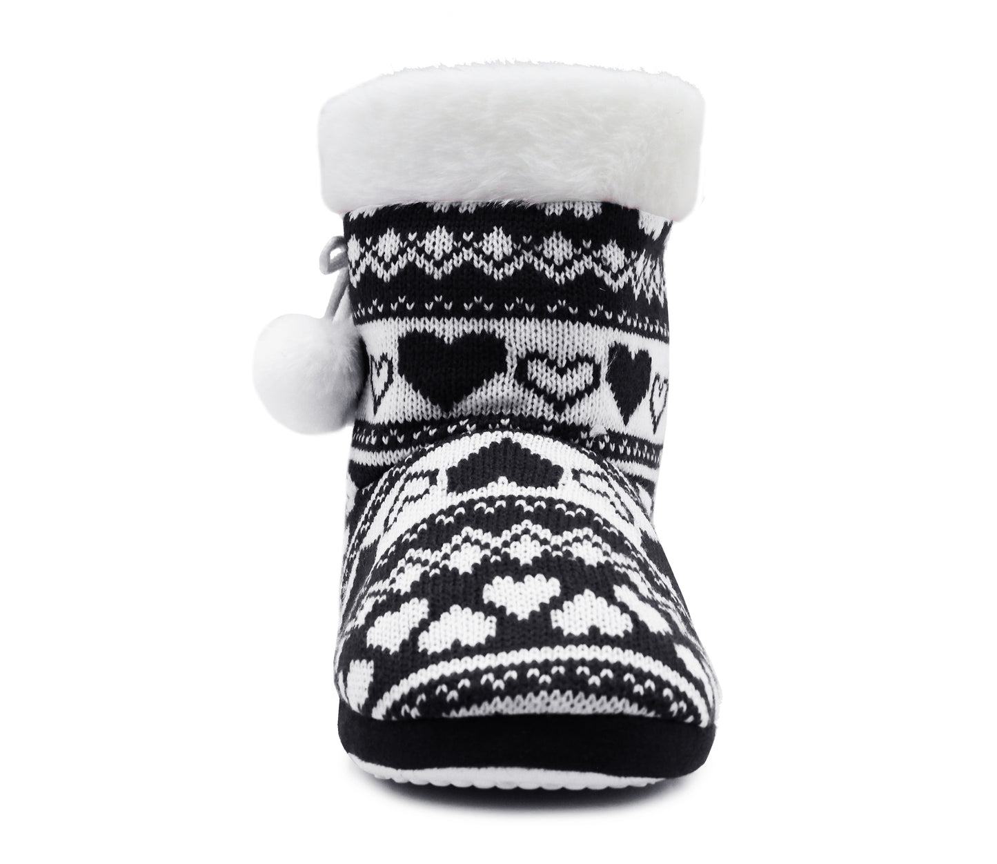 Womens Ankle Boot Slippers Knitted Pom Pom Navy Fair Isle Warm Faux Fur Lined Slip On Cosy Lightweight Snuggle Booties