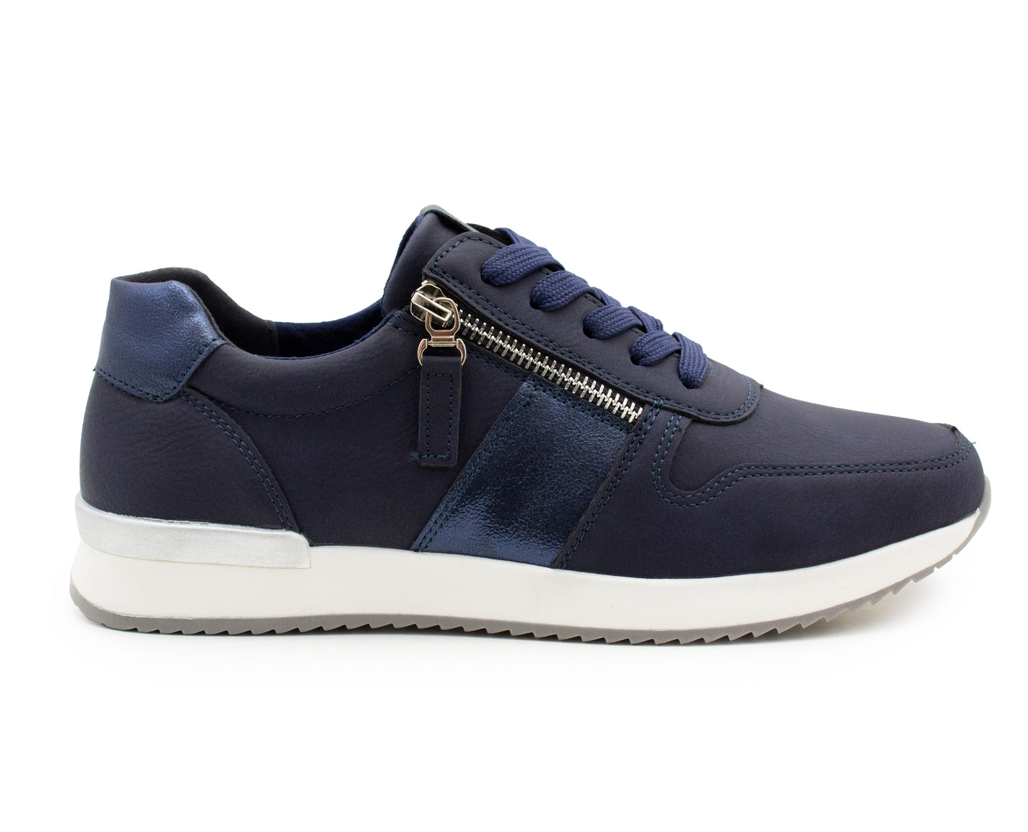 Womens Lace Up Trainers with Side Zip Fastening Ladies Fashion Sneaker Navy Metallic Casual Sports Shoes