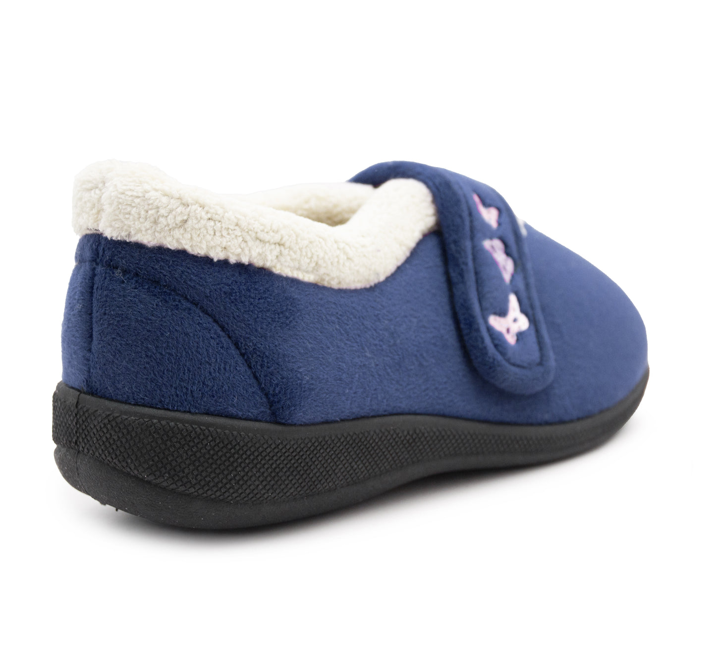 Womens Fleece Lined Navy Slippers Warm Wide Opening Touch Fasten Strap Winter Indoor Cosy Ladies Casual Flat House Shoes