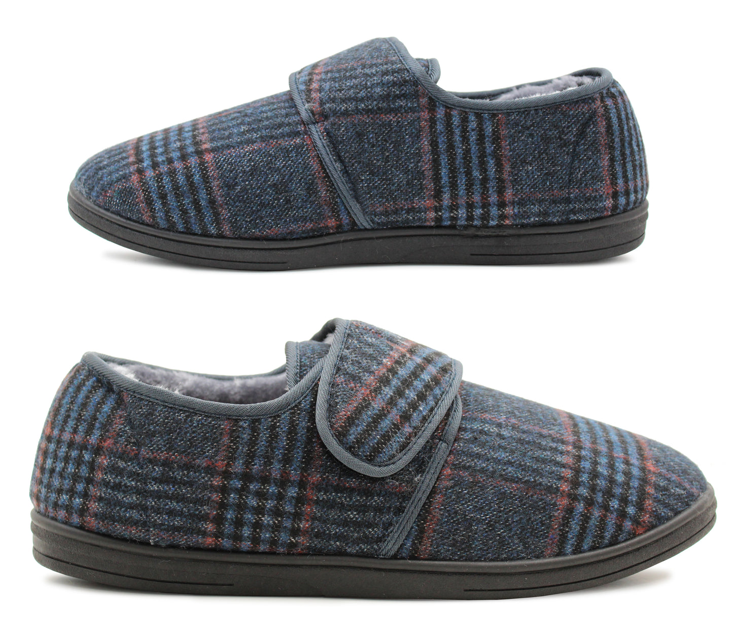 Mens Navy Check Felt Faux Fur Lined Thermal Wide Opening Touch Fasten Slippers